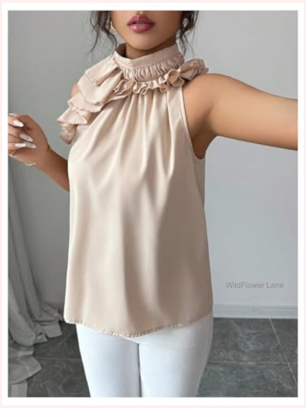 Elegant Blouse Ruffle Trim Sleeveless Mock Neck Halter Tank Top Office Outfit - Picture 6 of 6